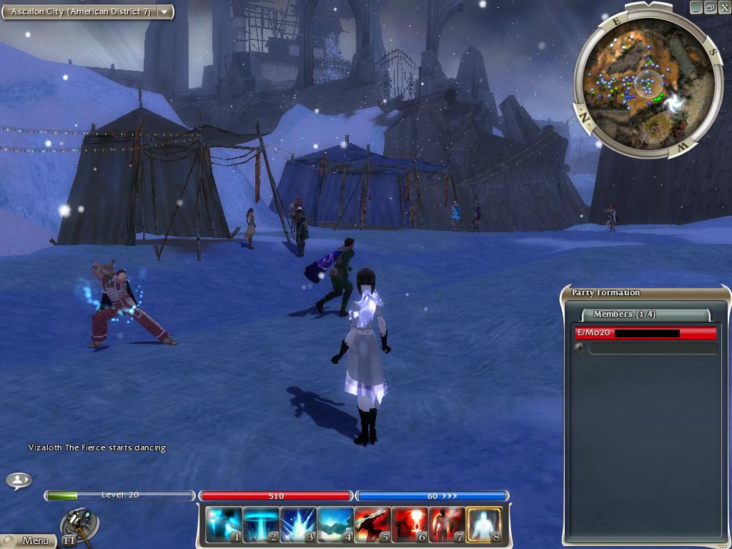 E/Mo (1) My Elementalist (with a graphical glitch on her armor) takes in the sight of Ascalon City during the Wintersday celebrations. December 24th, 2005 12:00am